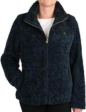 Pendleton Womens Large Navy/Green Plaid Full Zip Fuzzy Teddy Jacket Cozy Zip-Up